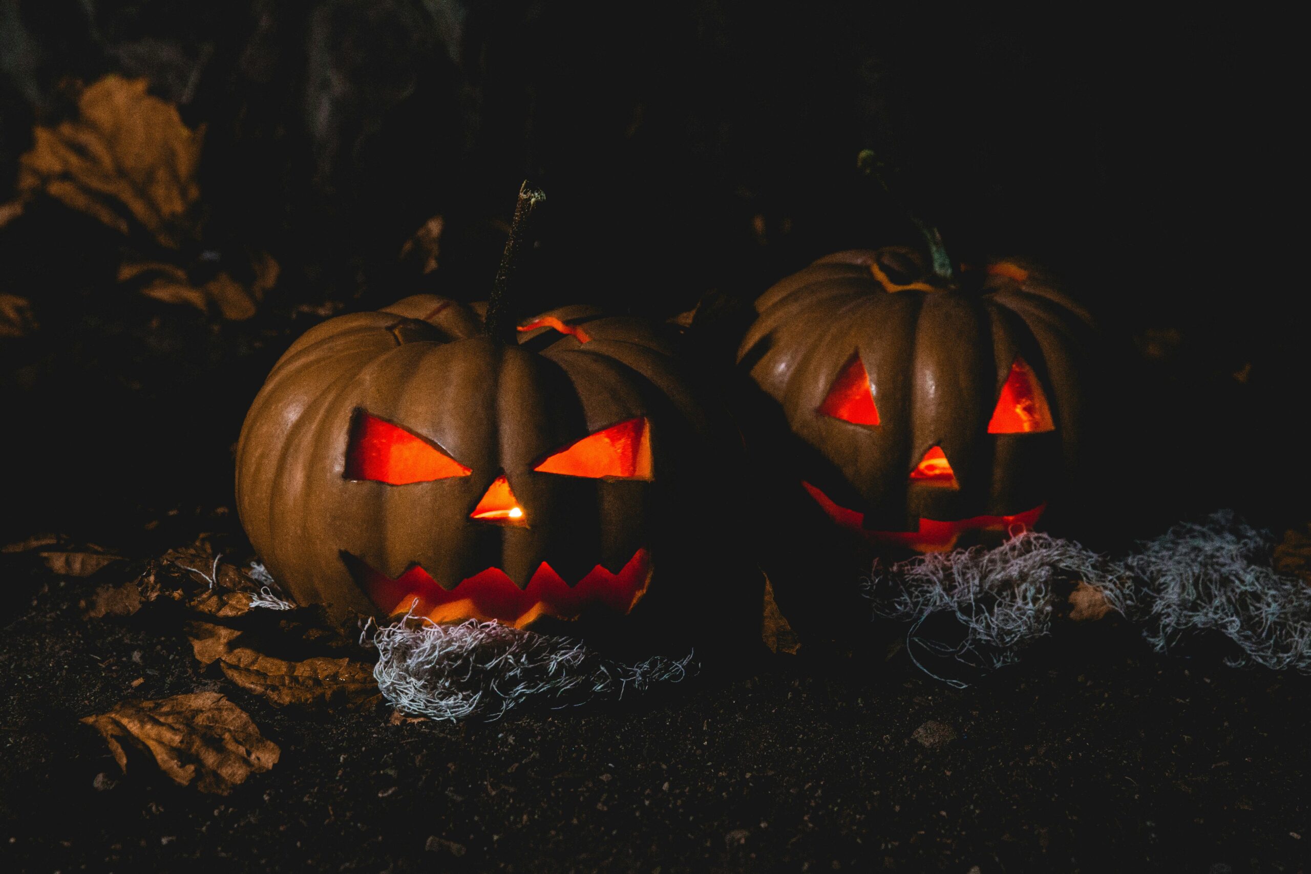 Two carved pumpkins representing Halloween, emphasizing the importance of Halloween safety tips for families during the festive season.